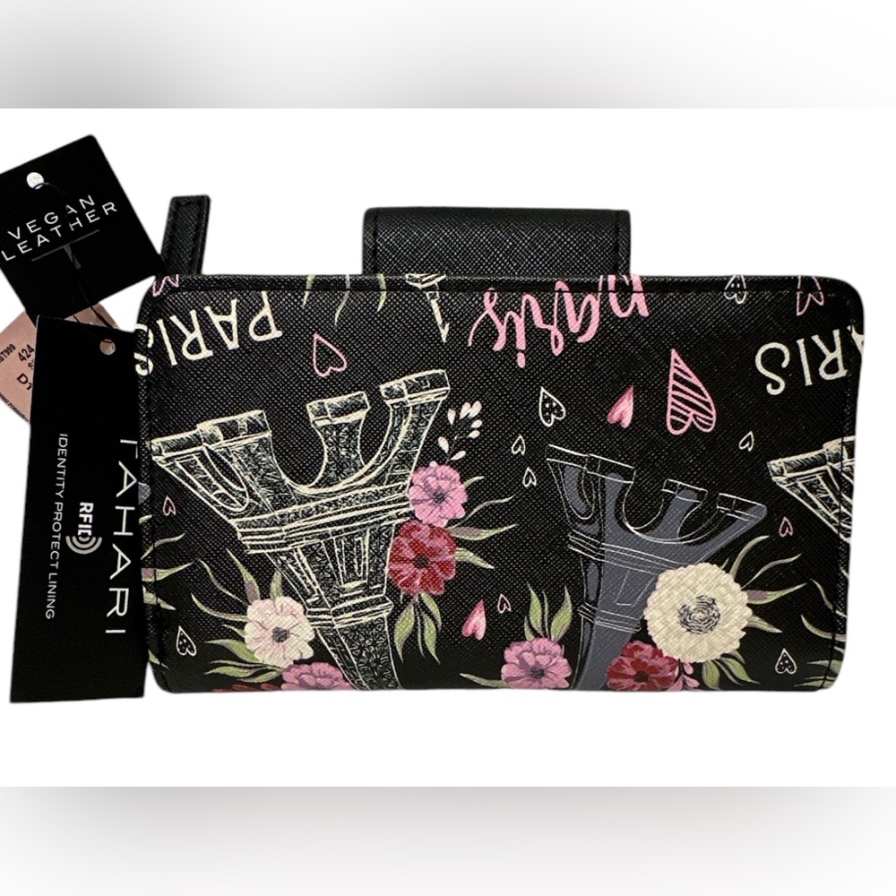 Tahari Flowers Paris Eiffel Tower Je Taime Hearts Wallet Made With Vegan Leathet
